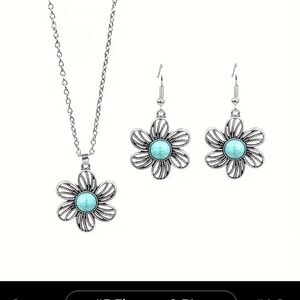 Silver Flower Necklace and Earring Set with Turquoise Accents
